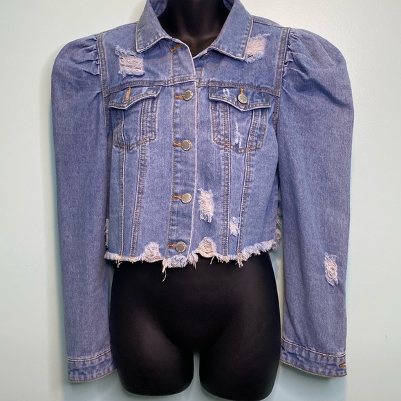 Denim Blvd Los Angeles Jean Jacket Women’s  Medium Distressed Cropped Boho - Picture 1 of 11